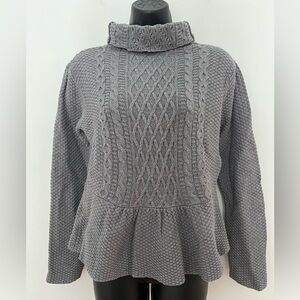 Cable Knit Cotton Turtleneck with Peplum, Size Medium